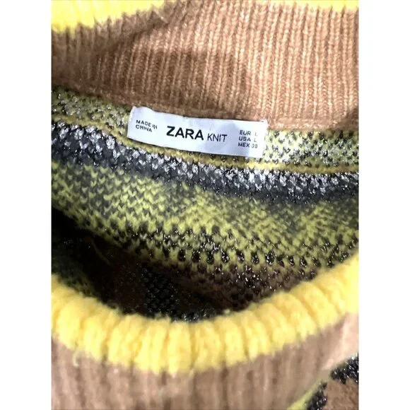 Zara Knit Geometric Diamond & Chevron Pattern Sweater Yellow/Brown L - Picture 5 of 5